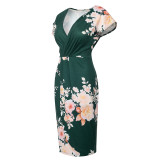 Women V-Neck Short Sleeve Pleated Floral Bodycon Dress