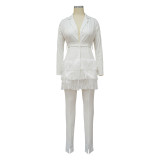 Women Fall Solid Fringed V-Neck Blazer and Pant Two-Piece Set