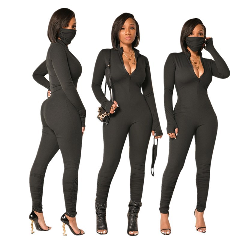 Women Solid Color Long Sleeve Zip Jumpsuit (mask not included