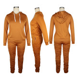 Women Hooded Gathered Long Sleeve Top And Pant Two Piece