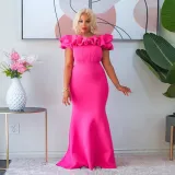 Women Solid Ruffle Collor Mermaid Dress Evening Dress