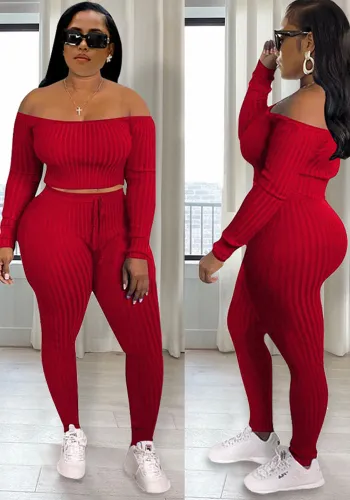 Fall/Winter Fashion Sports Suit Sexy Women's Knitting Ribbed Off Shoulder Two-Piece Set