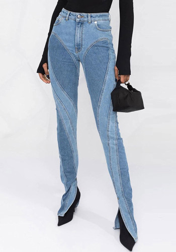 Trendy broek met split voor dames herfst en winter patchwork slim fit hoge taille broek
