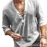 Men's Lace-Up Half-Sleeve Solid Color Shirt