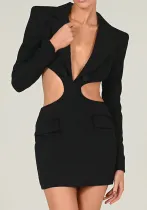Women's Color Block Turndown Collar Low Back Fall Sexy Open Waist Long Sleeve Dress