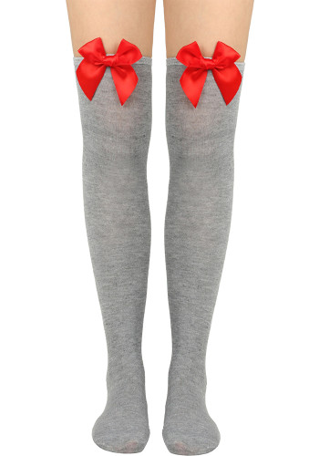 Милые носки выше колена с бантом, высокие носки, женские длинные праздничные рождественские однотонные чулки