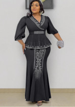 Conjunto de dos piezas de falda de sirena con parte superior de cuentas pesadas de moda para mujer de talla grande