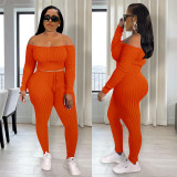 Fall/Winter Fashion Sports Suit Sexy Women's Knitting Ribbed Off Shoulder Two-Piece Set