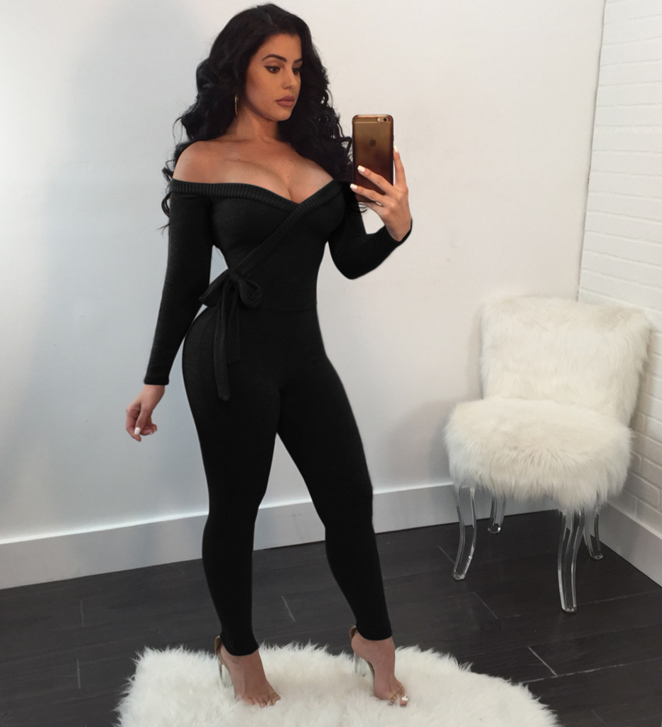 Wholesale Sexy Deep V Women's Long-sleeved Off-the-shoulder Jumpsuit ...