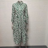 Women's Long Sleeve Turndown Collar Green Geometric Print Shirt Dress