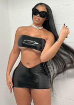 Fall Women's Sexy Shiny Faux Leather Tight Fitting Wrap Breast High Waist Bodycon Skirt Suit Women