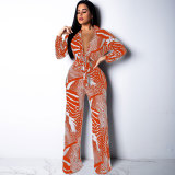 Sexy Printed Nightclub Lace-Up Two-Piece Pants Set