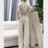 Fashion Suit Pile Collar Slim Fit Small Shirt + Wide Leg Pants Set
