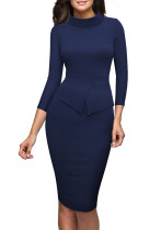Vestido de trabajo ajustado de medio cuello alto de color sólido con retazos de cintura media elegante para mujer
