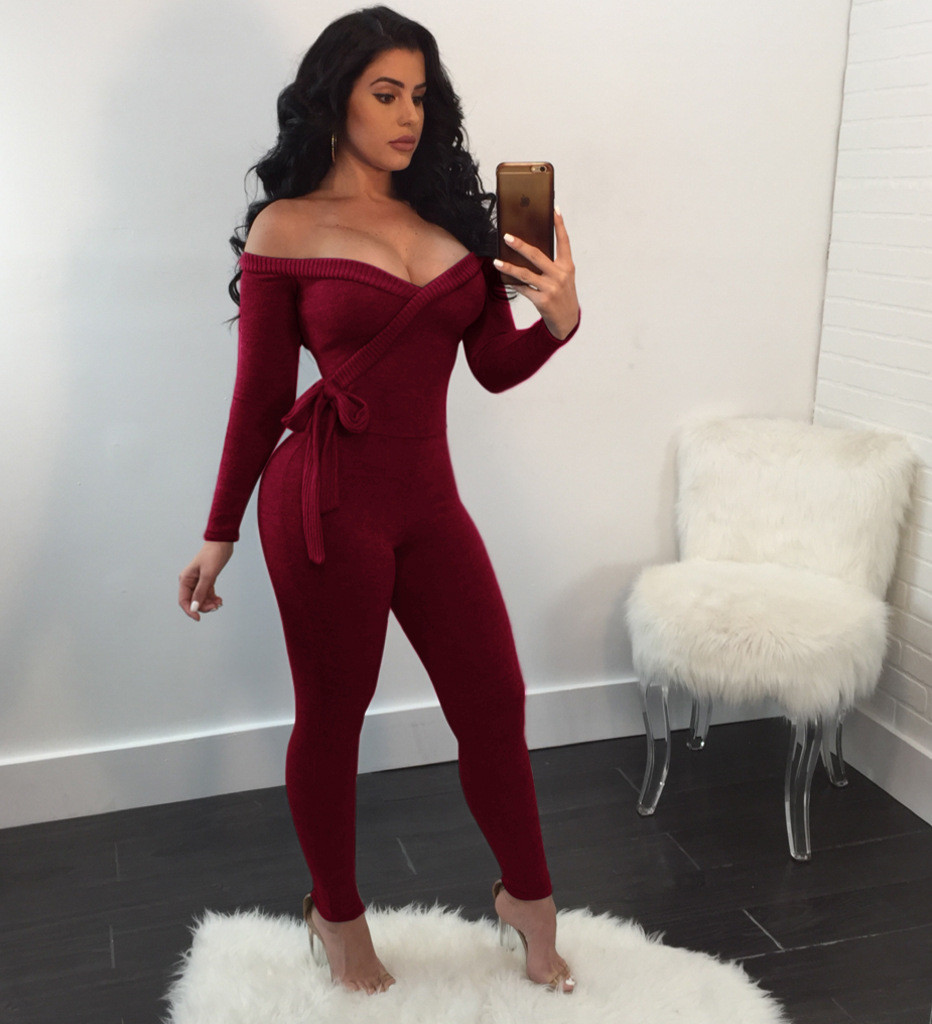 Women Sexy Deep V Neck Long Sleeve Frill Bodycon Jumpsuit
