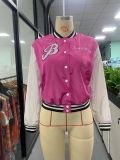 Letter Print Button Up Baseball Jacket Autumn Casual Sports Women's Clothing