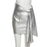 Fall Women's Fashion pu Faux Leather Metal Crocodile Print Sexy Bodycon Skirt