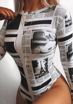 Women Newspaper Print Long Sleeve Bodysuit