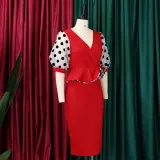 Plus Size Women'S Fashion Dot Mesh Patchwork V Neck Chic Career Bodycon Dress