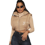 Women's Fashion Shiny Leather Side Sleeveless Lace-Up Hooded Vest Cotton