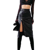 Women'S Fall Fashion High Waist Stylish Irregular Zip Pu Skirt