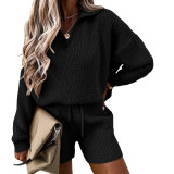 Women'S Autumn Winter V-Neck Long Sleeve Sweater Top Drawstring Wide Leg Shorts Women'S Casual Knitted Two Piece Set