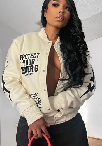 Women'S Fashion Fall Winter Letter Print Casual Jacket Stand Collar Baseball Trend Coat