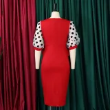 Plus Size Women'S Fashion Dot Mesh Patchwork V Neck Chic Career Bodycon Dress