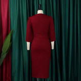 Conjunto de dos piezas de falda ajustada con top de manga larga y cuello en V para otoño/invierno de talla grande para mujer