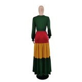 Long Sleeve V-Neck Chic Slim Waist Maxi Dress Women's Patchwork Contrast Dress