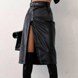 Women'S Fall Fashion High Waist Stylish Irregular Zip Pu Skirt