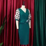 Plus Size Women'S Fashion Dot Mesh Patchwork V Neck Chic Career Bodycon Dress