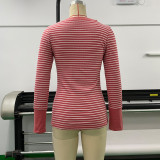 Autumn And Winter Retro Striped Long Sleeve T-Shirt Single Breasted Deep V Neck Tight Fitting Women Sexy Top