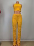 Women Solid Sleeveless Crop Top and Ruched Bell Bottom Pant Two Piece