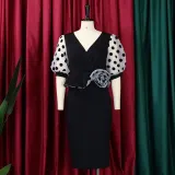 Plus Size Women'S Fashion Dot Mesh Patchwork V Neck Chic Career Bodycon Dress