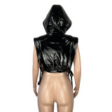 Women's Fashion Shiny Leather Side Sleeveless Lace-Up Hooded Vest Cotton