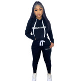 Women's Fashion Winter Fleece Drawstring Letter Print Hoodie Two-Piece Set with Pockets