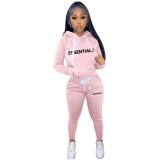 Women's Fashion Winter Fleece Drawstring Letter Print Hoodie Two-Piece Set with Pockets