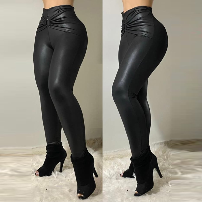 Women Black Slim Pu Leather Pants - The Little Connection