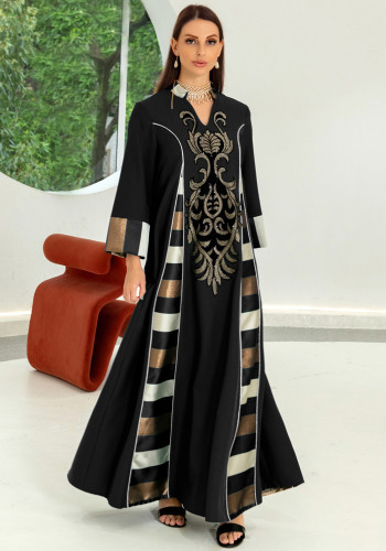 Kadın İşlemeli Çizgili Abaya Müslüman Dubai Müslüman Elbise Uzun Elbise
