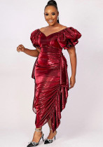 Novo vestido brilhante com decote em V para o outono mangas bufantes brilhantes plissadas Bodycon vestido feminino