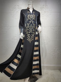 Women Embroidered Striped Abaya Muslim Dubai Muslim Robe Long Dress