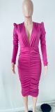 Autumn and winter women's v-neck solid color long sleeve dress
