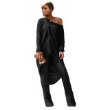 Women Casual Irregular Round Neck Long Sleeve Top And Wide Leg Pants Two Piece