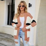 Contrast Color Striped Knitting Shirt Autumn And Winter Sweater Women'S Button Cardigan Coat