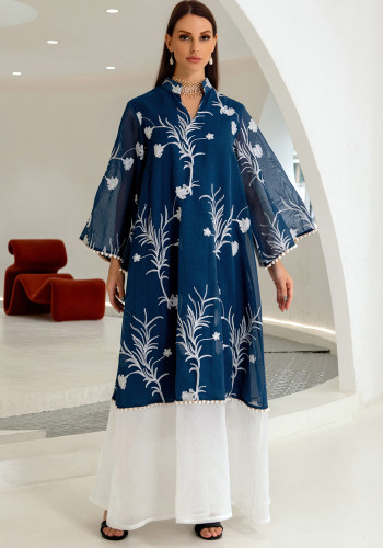 Muslimisches Robe-Mesh-Patchwork-Abendkleid mit besticktem Saum für Damen