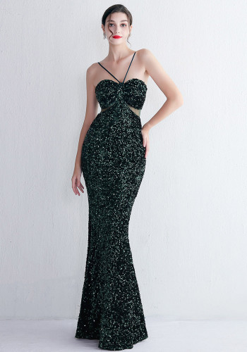 Velvet Sequin Sling Sequin Long Formal Party Slim Evening Dress