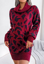 2F/W Street Style Rollkragenpullover Leopardenmuster Langärmliges Basic Pulloverkleid