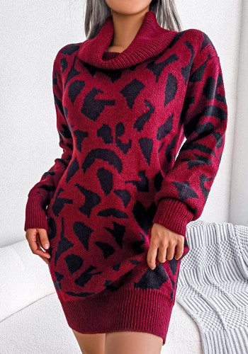 2F/W Street Style dolcevita stampa leopardo manica lunga abito maglione basic