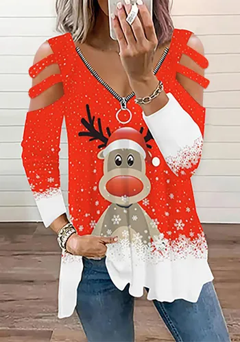 Christmas Elk Digital Printing Loose V Neck Zipper Long Sleeve Top T-Shirt